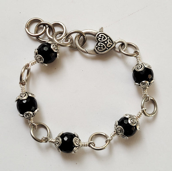 Handmade Black Onyx Bracelet with Floral Silver Caps – Adjustable, Anti-Tarnish Wire, Gift for Her