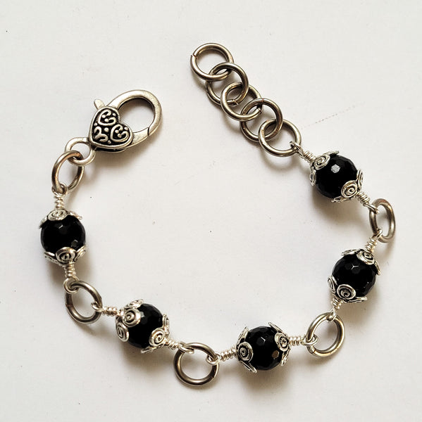 Handmade Black Onyx Bracelet with Floral Silver Caps – Adjustable, Anti-Tarnish Wire, Gift for Her