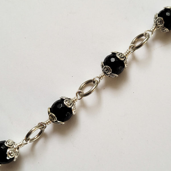 Handmade Black Onyx Bracelet with Floral Silver Caps – Adjustable, Anti-Tarnish Wire, Gift for Her