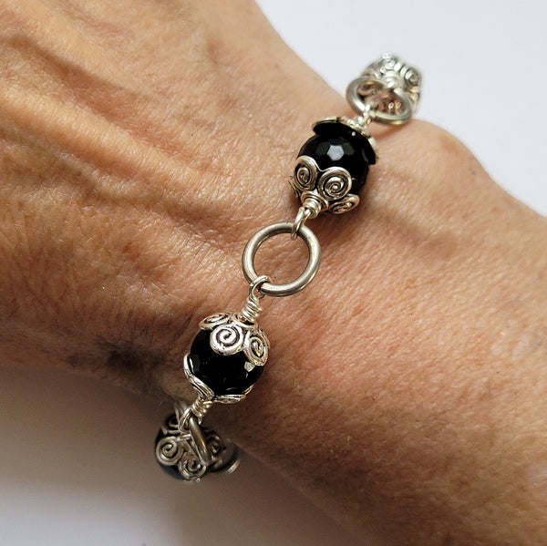 Handmade Black Onyx Bracelet with Floral Silver Caps – Adjustable, Anti-Tarnish Wire, Gift for Her