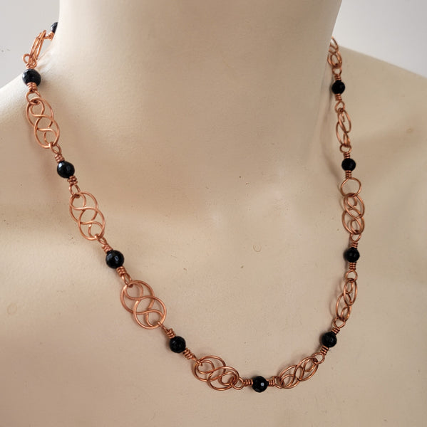 Elegant Black Onyx Copper Link Necklace with Celtic Infinity Symbol - Sophisticated, Lightweight, Adjustable
