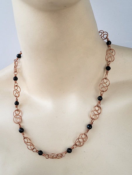 Elegant Black Onyx Copper Link Necklace with Celtic Infinity Symbol - Sophisticated, Lightweight, Adjustable