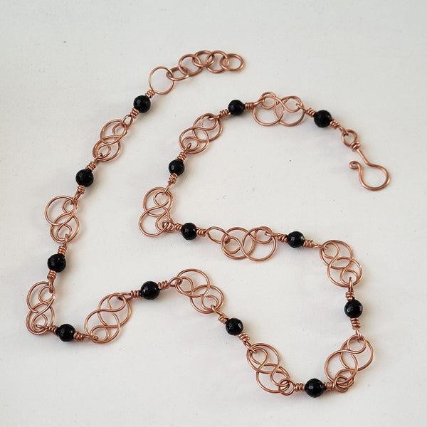 Elegant Black Onyx Copper Link Necklace with Celtic Infinity Symbol - Sophisticated, Lightweight, Adjustable
