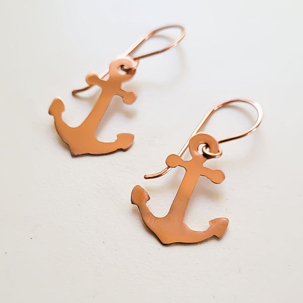 Minimalist Anchor Copper Earrings, Matching Pendant, Gift for Her
