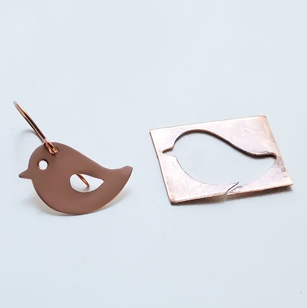 Minimalist Handcrafted Copper Bird Earrings, Matching Pendant Necklace