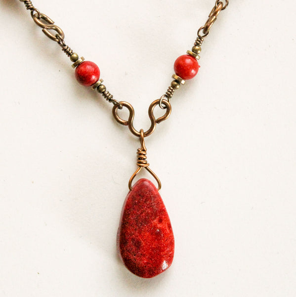 Red Sponge Coral Brass Necklace, Matching Earrings