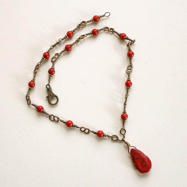 Red Sponge Coral Brass Necklace, Matching Earrings
