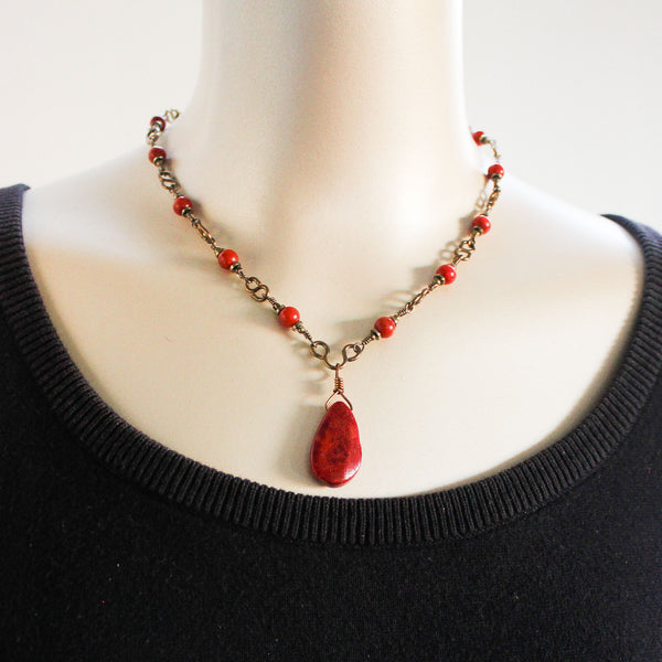 Red Sponge Coral Brass Necklace, Matching Earrings