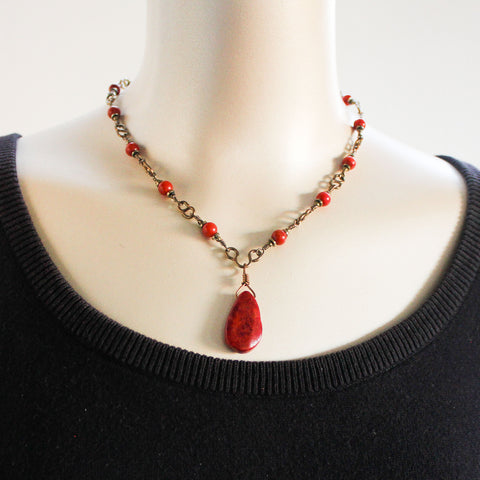 Red Sponge Coral Brass Necklace