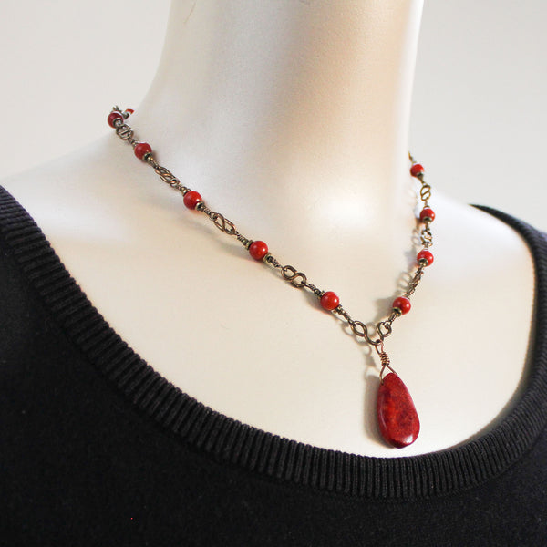 Red Sponge Coral Brass Necklace, Matching Earrings