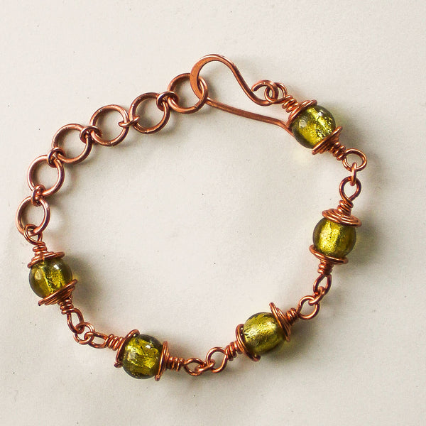 Green Glass Copper  Bracelet, Matching Earrings - Adjustable