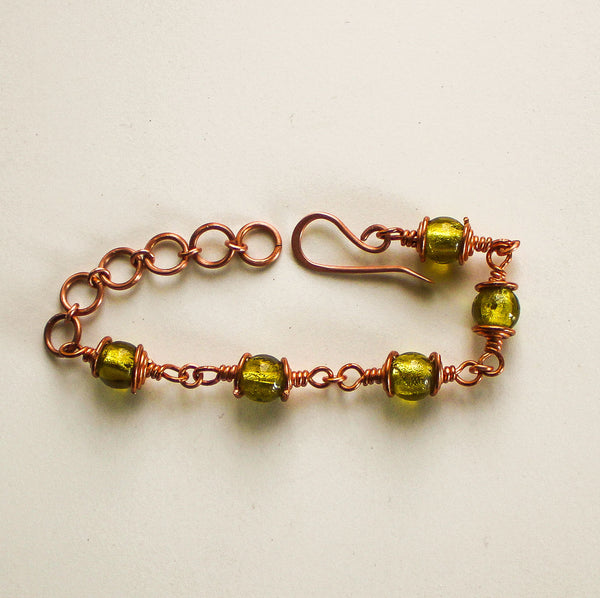 Green Glass Copper  Bracelet, Matching Earrings - Adjustable