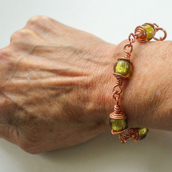 Green Glass Copper  Bracelet, Matching Earrings - Adjustable