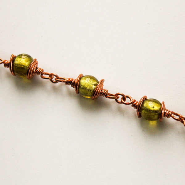 Green Glass Copper  Bracelet, Matching Earrings - Adjustable