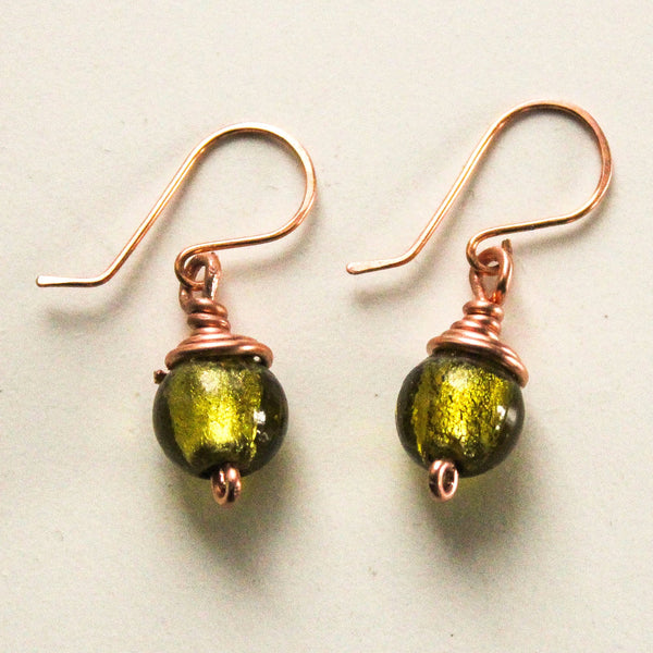 Green Glass Copper Earrings, Matching Bracelet