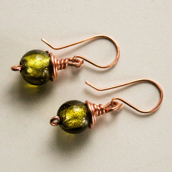 Green Glass Copper Earrings, Matching Bracelet