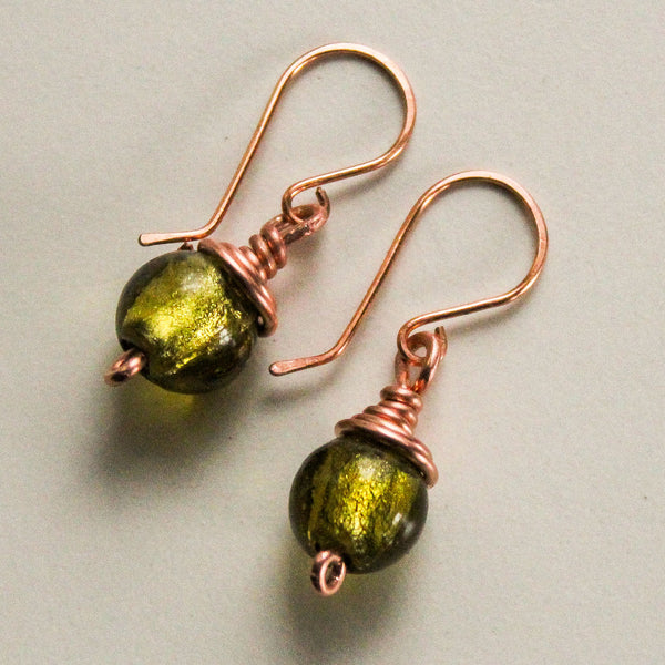 Green Glass Copper Earrings, Matching Bracelet