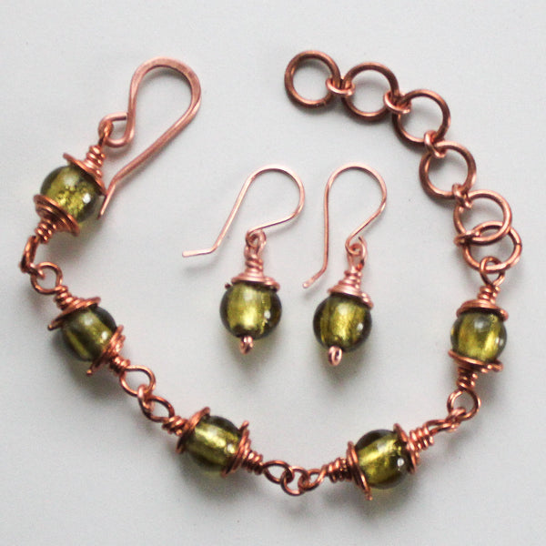 Green Glass Copper Earrings, Matching Bracelet