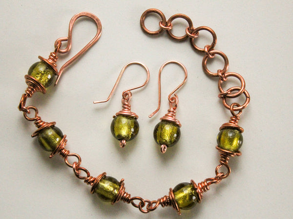 Green Glass Copper  Bracelet, Matching Earrings - Adjustable