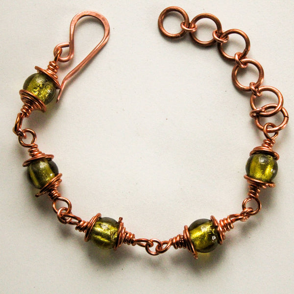 Green Glass Copper  Bracelet, Matching Earrings - Adjustable