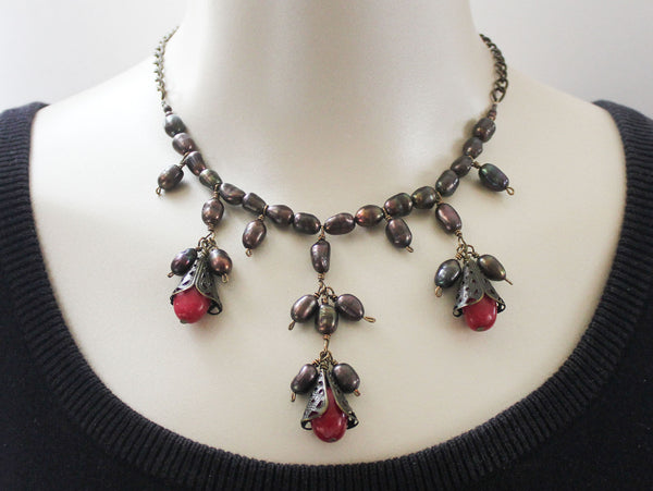 Red Jade Pearl Necklace - Adjustable