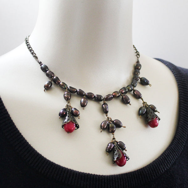 Red Jade Pearl Necklace - Adjustable