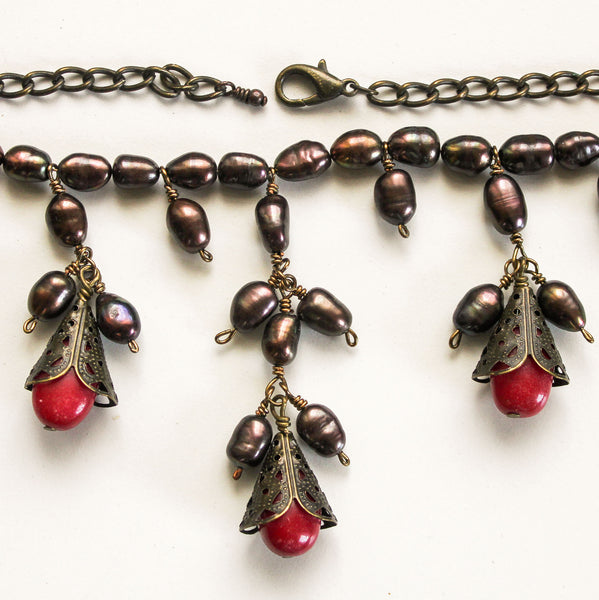 Red Jade Pearl Necklace - Adjustable