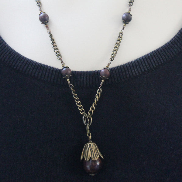 Brown Jasper Brass Pendant Necklace