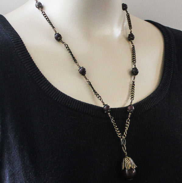 Brown Jasper Brass Pendant Necklace