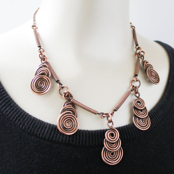 Copper Spiral Necklace, Matching Earrings - Adjustable