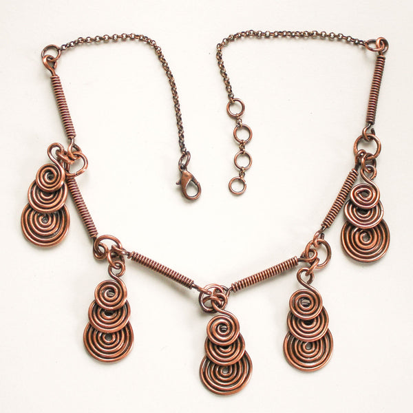 Copper Spiral Necklace, Matching Earrings - Adjustable