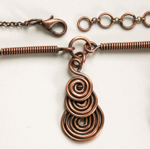 Copper Spiral Necklace, Matching Earrings - Adjustable