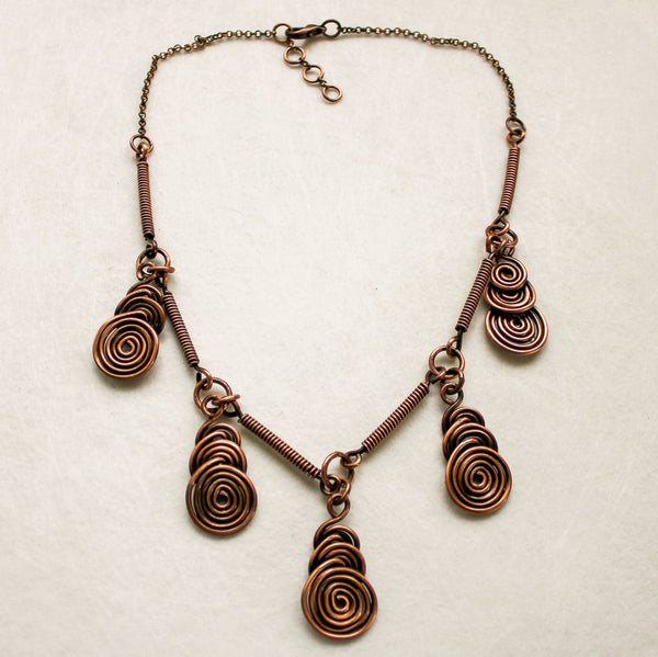 Copper Spiral Necklace, Matching Earrings - Adjustable