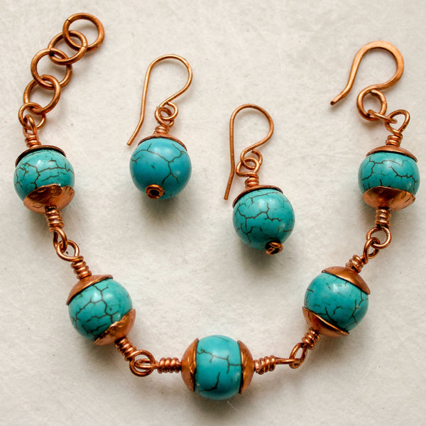 Turquoise Copper Bracelet, Matching Earrings - Adjustable