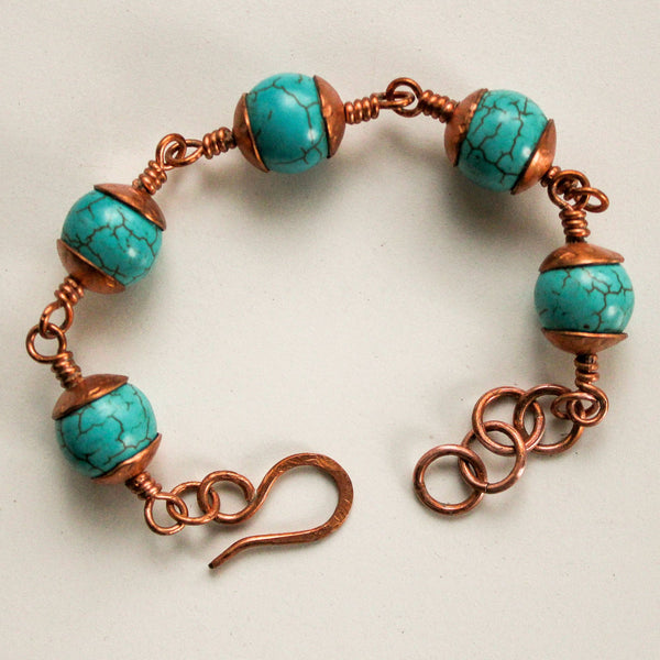 Turquoise Copper Bracelet, Matching Earrings - Adjustable
