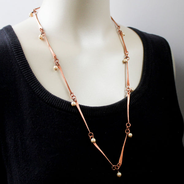 Long Copper Pearl Necklace