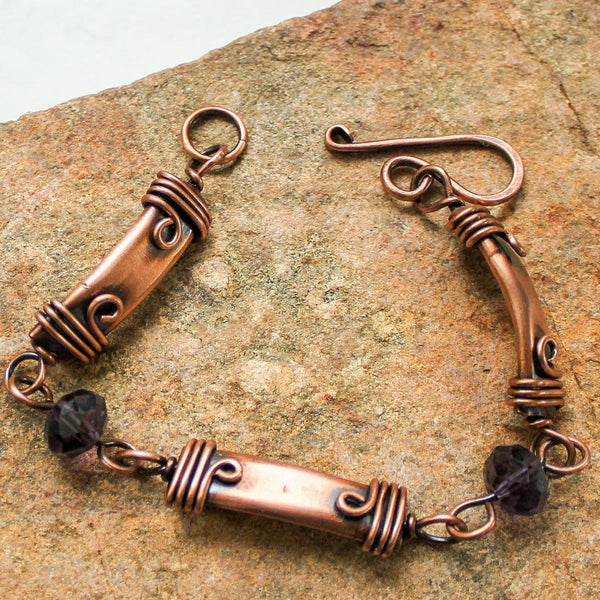 Faceted Purple Crystal Copper Bracelet - Adjustable
