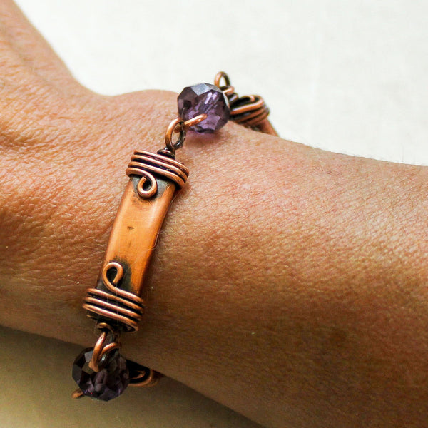 Faceted Purple Crystal Copper Bracelet - Adjustable