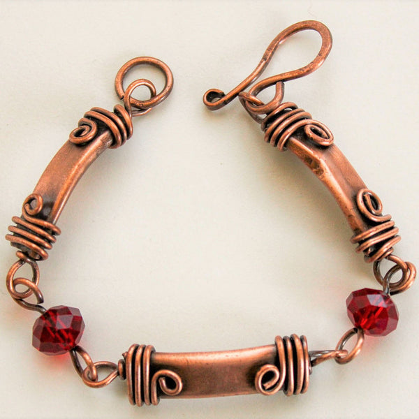 Faceted Red Crystal Copper Bracelet - Adjustable