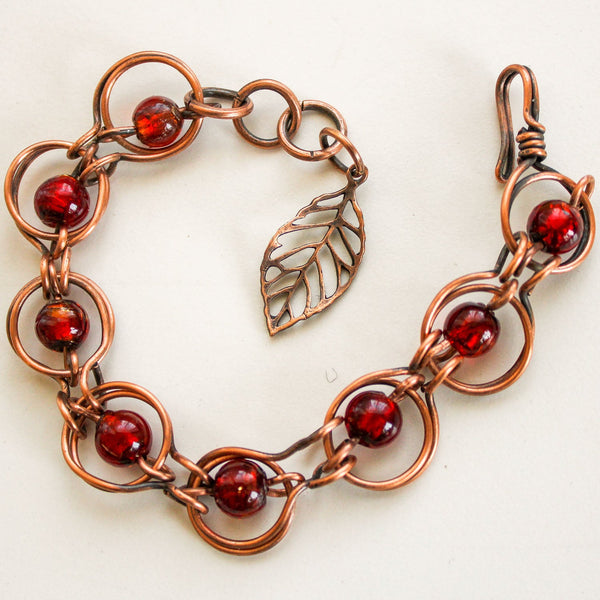 Copper Red Glass Bracelet - Adjustable