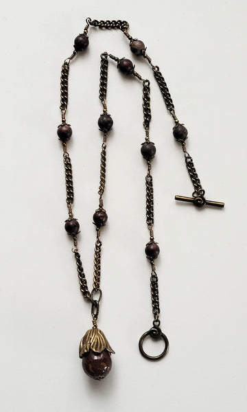 Rustic Brown Jasper Teardrop Necklace, Long Antique Brass Pendant