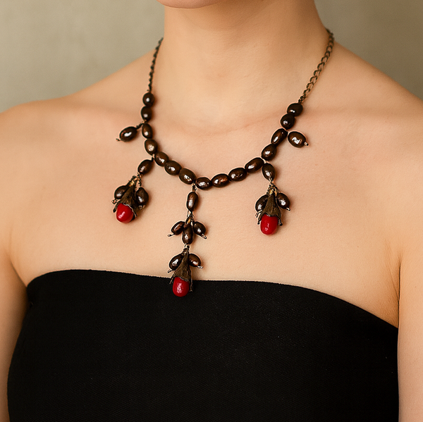 Red Jade and Pearl Necklace, Antique Brass Floral Pendant, Adjustable Chain