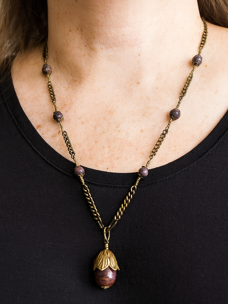 Rustic Brown Jasper Teardrop Necklace, Long Antique Brass Pendant