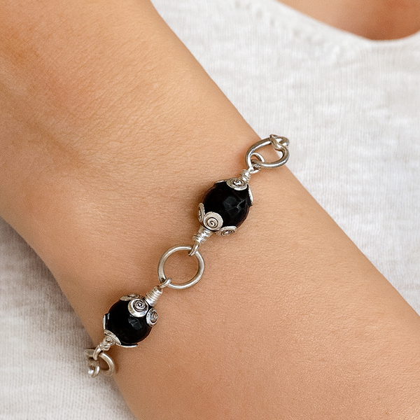 Handmade Black Onyx Bracelet with Floral Silver Caps – Adjustable, Anti-Tarnish Wire, Gift for Her