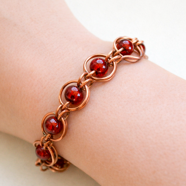 Copper Red Glass Bracelet, Patinated Link Bracelet, Adjustable