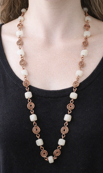 Long Copper & Rock Crystal Necklace, Patinated Spiral Chain, One‑of‑a‑Kind