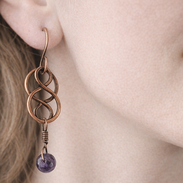 Amethyst Celtic Copper Earrings, Patinated, Matching Bracelet