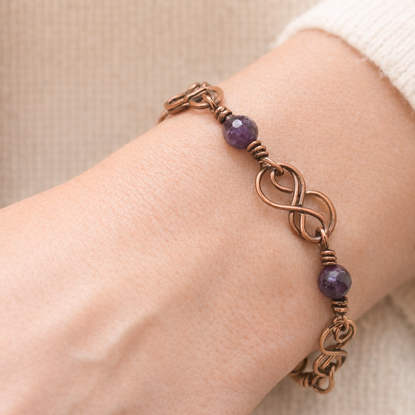 Celtic Amethyst Copper Bracelet, Patinated, Matching Earrings
