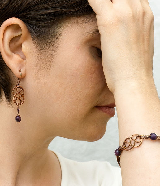Celtic Amethyst Copper Bracelet, Patinated, Matching Earrings