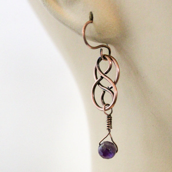 Amethyst Celtic Copper Earrings, Matching Bracelet